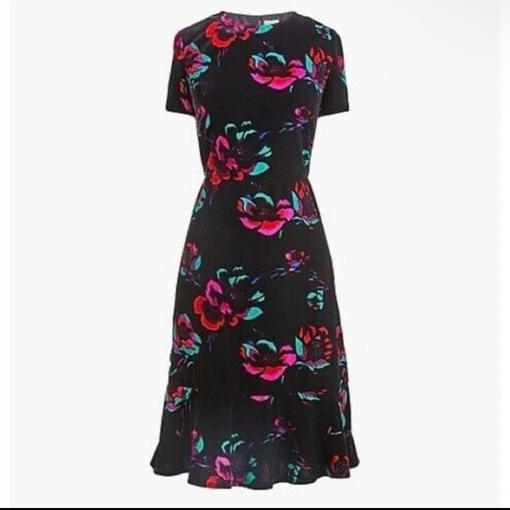 J. Crew Womens Short Sleeve Velvet Flutter Dress Black Raspberry Floral Ruffle